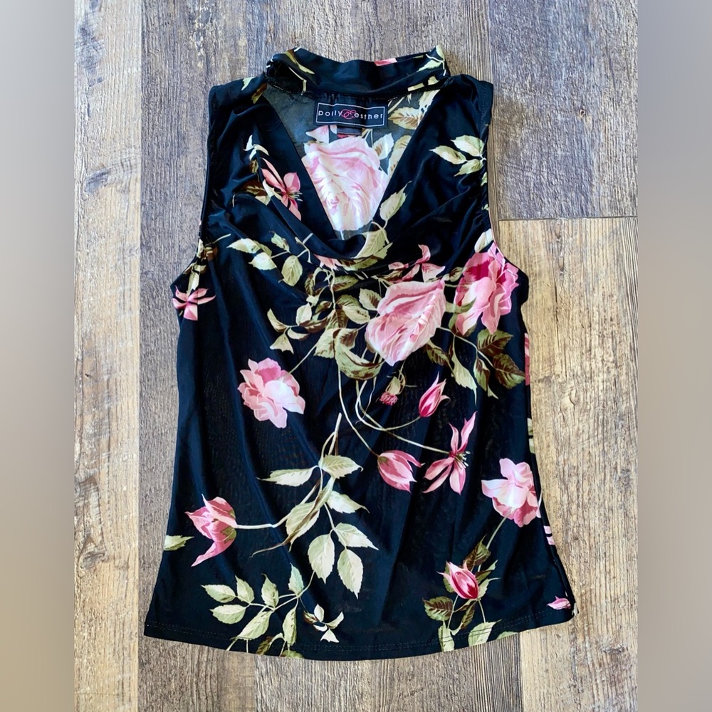 Black Floral Cowl Neck Camisole with Pink Rose Print